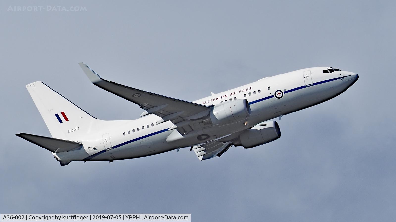 A36-002, 2000 Boeing 737-7DF C/N 30790/613, Boeing 737-7DF (BBJ). RAAF serial number A36-002 departed runway 21, YPPH 1400 hrs 05/07/19.