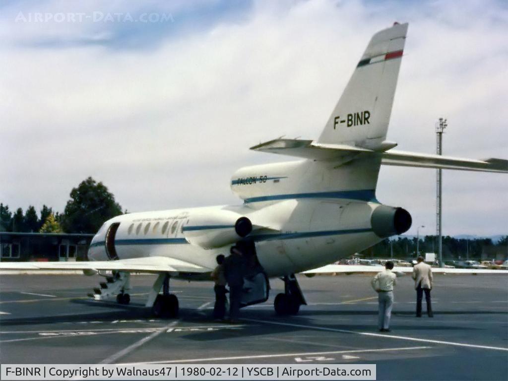 F-BINR, 1979 Dassault Falcon 50 C/N 2, Rear Port side view of Falcon 50 F-BINR Cn 2 taken at Canberra Airport YSCB on 12Feb1980. F-BINR was then owned by Dassault and the type was being promoted as a replacement for Mystere 20C aircraft being operated by RAAF 34 Sqn.