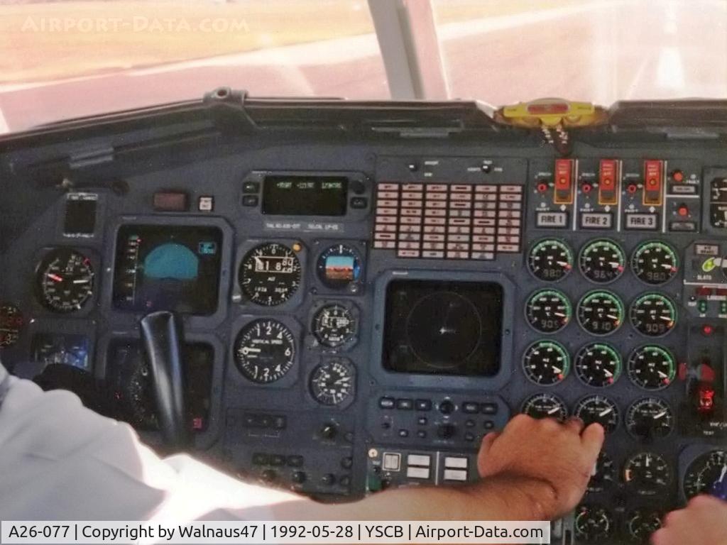 A26-077, 1989 Dassault Falcon 900B C/N 077, Low Res Flight Deck view of RAAF 34 Squadron VIP Falcon 900 A26-077 Cn 077 during take-off on Canberra's Rwy 35, at the start of a 0.4 hour flight to Sydney on 28May1992. Speed was about 90 Kts with Runway Altitude 1870 feet AMSL.
