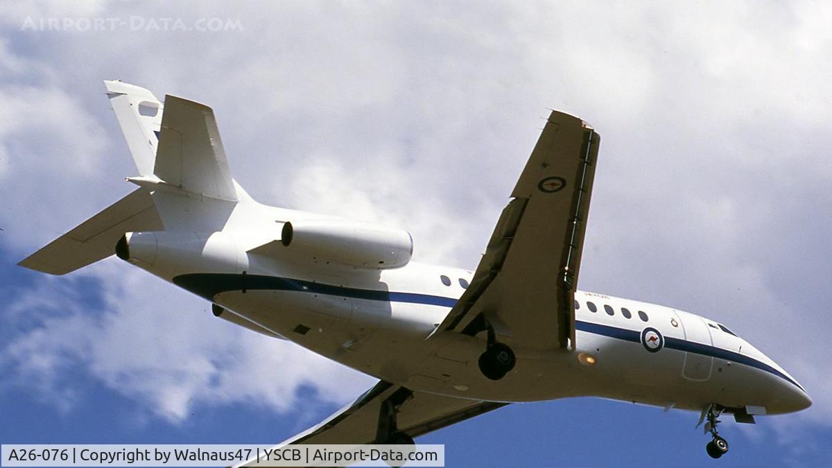 A26-076, 1989 Dassault Falcon 900 C/N 076, Cropped rear Stbd view of RAAF 34 Squadron VIP Falcon 900 A26-076 Cn 076 taking off from Canberra's Rwy 35 during 2000. This was one of five F900s then being operated as 'Special Purpose Aircraft' by 34 Squadron. The aircraft wheels are still extended.