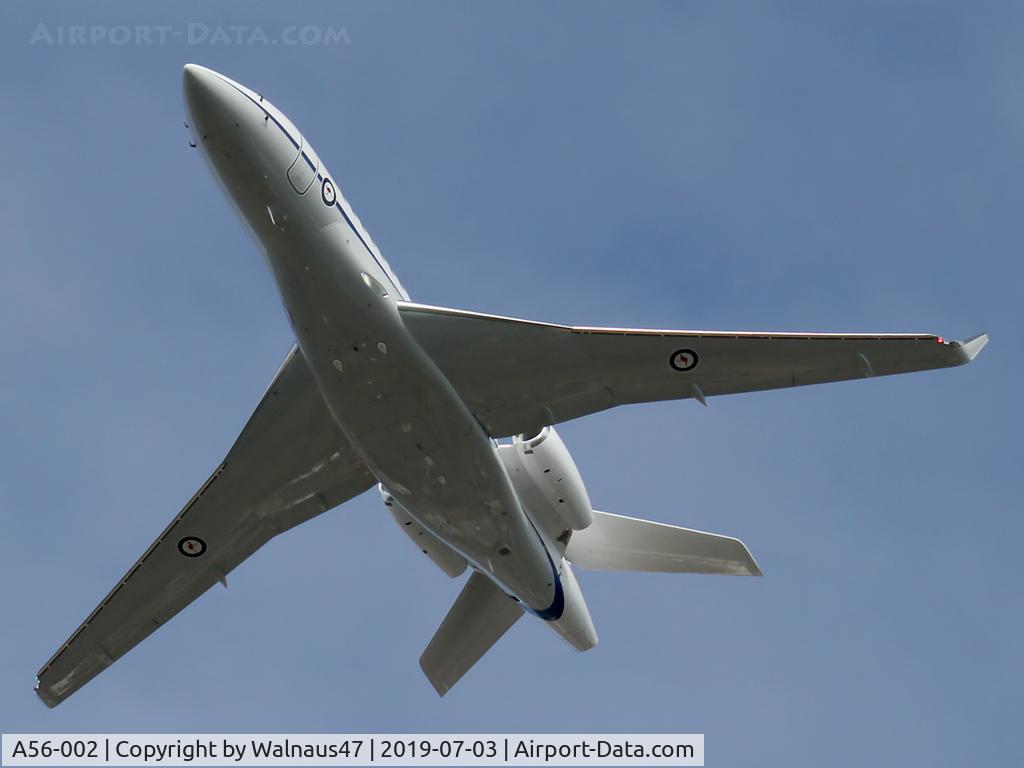 A56-002, 2018 Dassault Falcon 7X C/N 284, Front under-side view of RAAF 34 Squadron Dassault Falcon 7X Serial A56-002 Cn 284, shown flying over Russell Offices Canberra on the morning of 03Jul2019. The Flypast was for the Chief of Air Force ‘Change of Command’ Ceremony, at 1026 hrs.