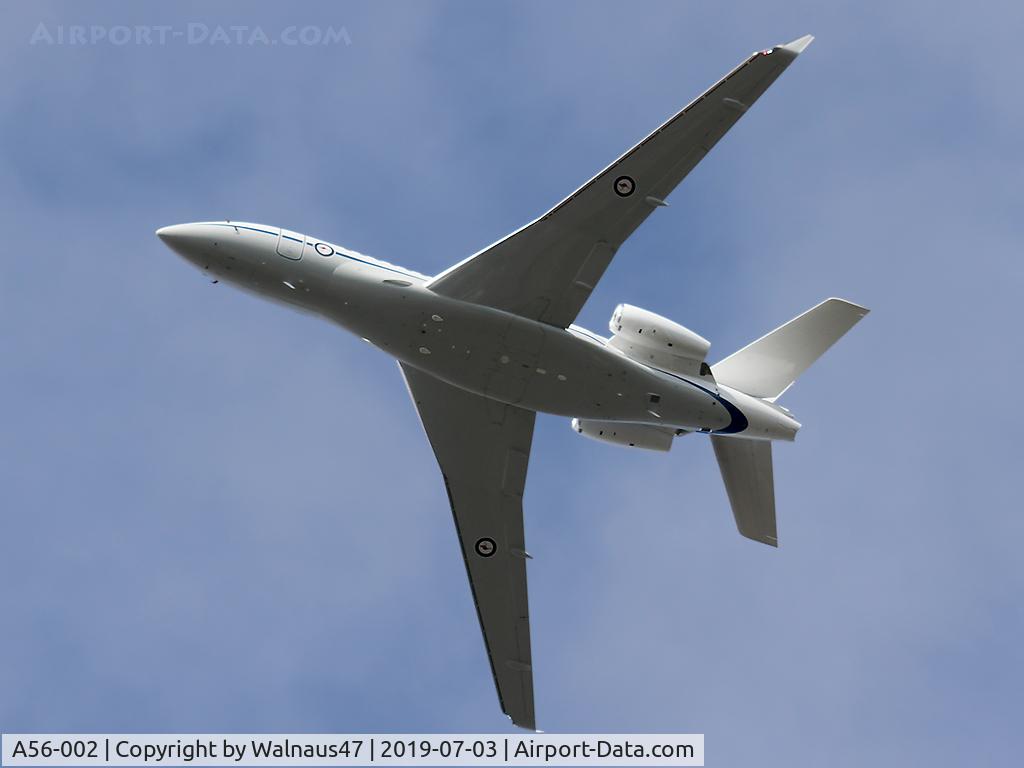 A56-002, 2018 Dassault Falcon 7X C/N 284, Port under-side view of RAAF 34 Squadron Dassault Falcon 7X Serial A56-002 Cn 284, shown flying over Russell Offices Canberra on the morning of 03Jul2019. The Flypast was for the Chief of Air Force ‘Change of Command’ Ceremony, at 1026 hrs.