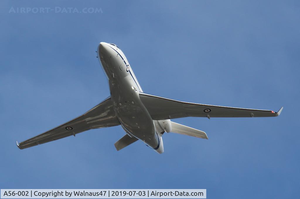 A56-002, 2018 Dassault Falcon 7X C/N 284, Front view of RAAF 34 Squadron Dassault Falcon 7X Serial A56-002 Cn 284, shown flying over Russell Offices Canberra on the morning of 03Jul2019. The Flypast was for the Chief of Air Force ‘Change of Command’ Ceremony, at 1026 hrs.