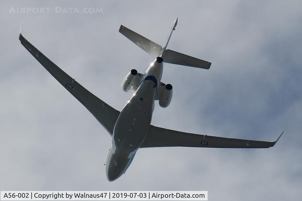 A56-002, 2018 Dassault Falcon 7X C/N 284, Rear view of RAAF 34 Squadron Dassault Falcon 7X Serial A56-002 Cn 284, shown flying over Russell Offices Canberra on the morning of 03Jul2019. The Flypast was for the Chief of Air Force ‘Change of Command’ Ceremony, at 1026 hrs.