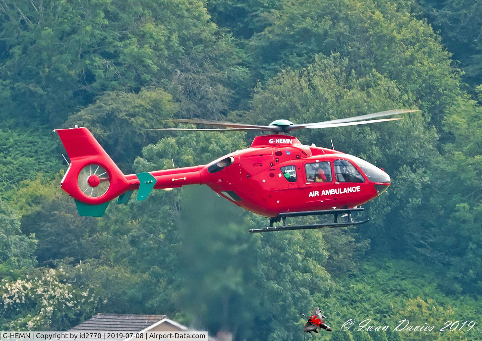 G-HEMN, 2012 Eurocopter EC-135T-2+ C/N 1070, Taking off from Aberystwyth Hospital landing site.