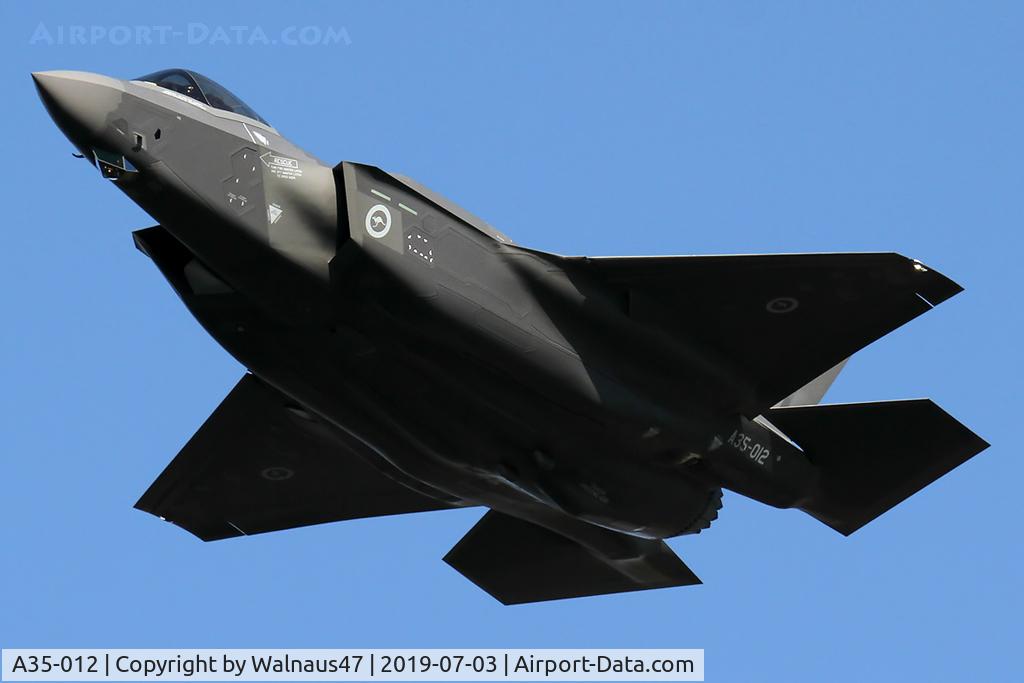 A35-012, 2019 Lockheed-Martin F-35A Lightning II C/N AU-12, Front Port view of RAAF Lockheed Martin F-35A Lightning II A35-012 Cn AU-12, shown flying over Russell Offices Canberra ACT on the morning of 03Jul2019. The Flypast was for the Chief of Air Force ‘Change of Command’ Ceremony.