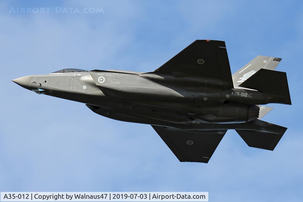 A35-012, 2019 Lockheed-Martin F-35A Lightning II C/N AU-12, Port view of RAAF Lockheed Martin F-35A Lightning II A35-012 Cn AU-12, shown flying over Russell Offices Canberra ACT on the morning of 03Jul2019. The Flypast was for the Chief of Air Force ‘Change of Command’ Ceremony. (Low Res)