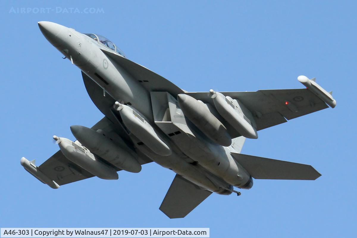 A46-303, Boeing EA-18G Growler C/N AG-3, Front Port view of RAAF Boeing EA-18G Growler A46-303 Cn AG-3, taken over Russell Offices Canberra on the morning of 03Jul2019. The Flypast was for the Chief of Air Force ‘Change of Command’ Ceremony.