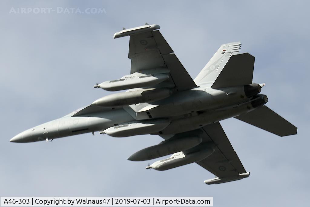 A46-303, Boeing EA-18G Growler C/N AG-3, Port view of RAAF Boeing EA-18G Growler A46-303 Cn AG-3, taken over Russell Offices Canberra on the morning of 03Jul2019. The Flypast was for the Chief of Air Force ‘Change of Command’ Ceremony. (Low Res).