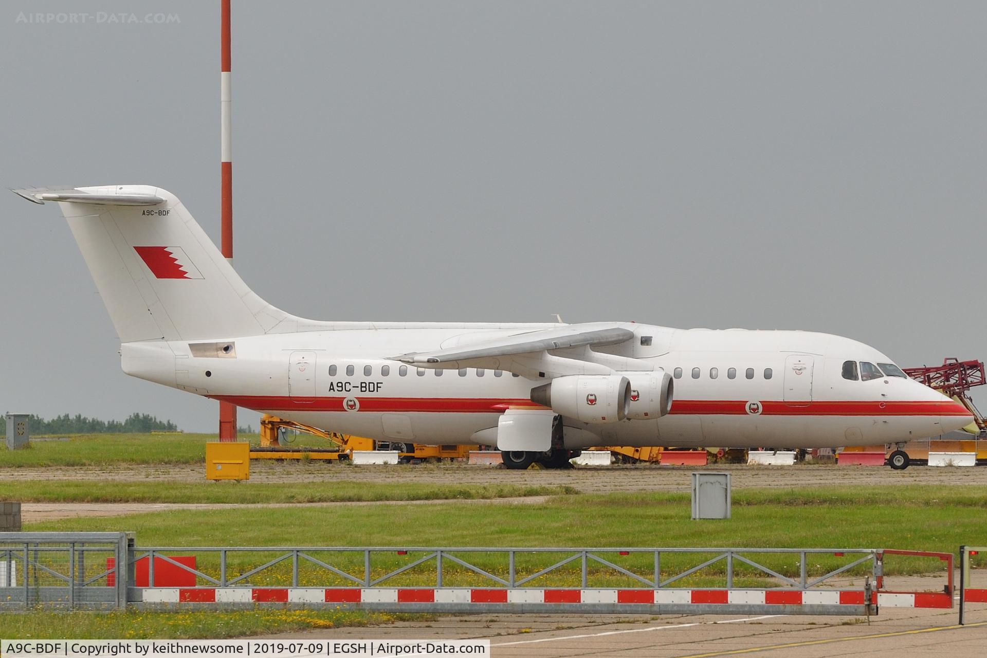 A9C-BDF, 2001 BAE Systems Avro 146-RJ85 C/N E.2390, Resting at stand nine.