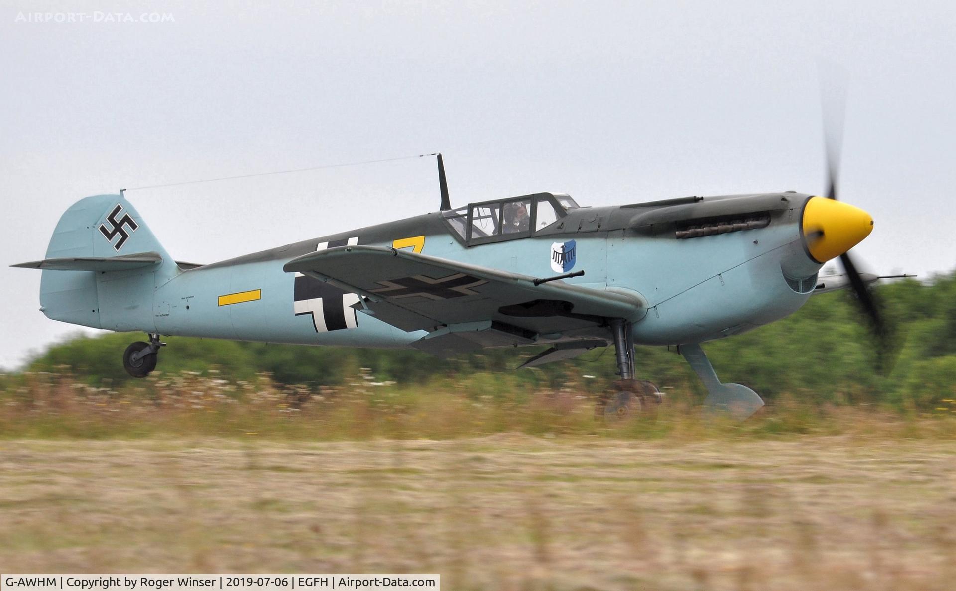 G-AWHM, 1958 Hispano HA-1112-M1L Buchon C/N 187, Buchon Yellow 7 - departing Runway 04.