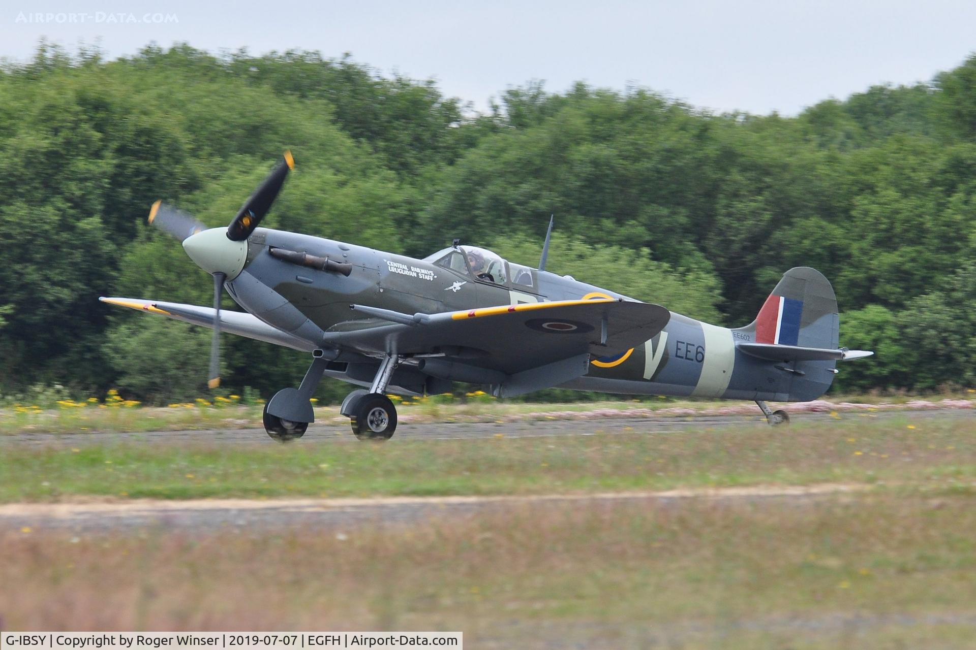 G-IBSY, 1942 Supermarine 349 Spitfire Vc C/N EE602, Arriving Runway 22 after displaying on day 2 of WAS2019. Marked EE602/DV-V.