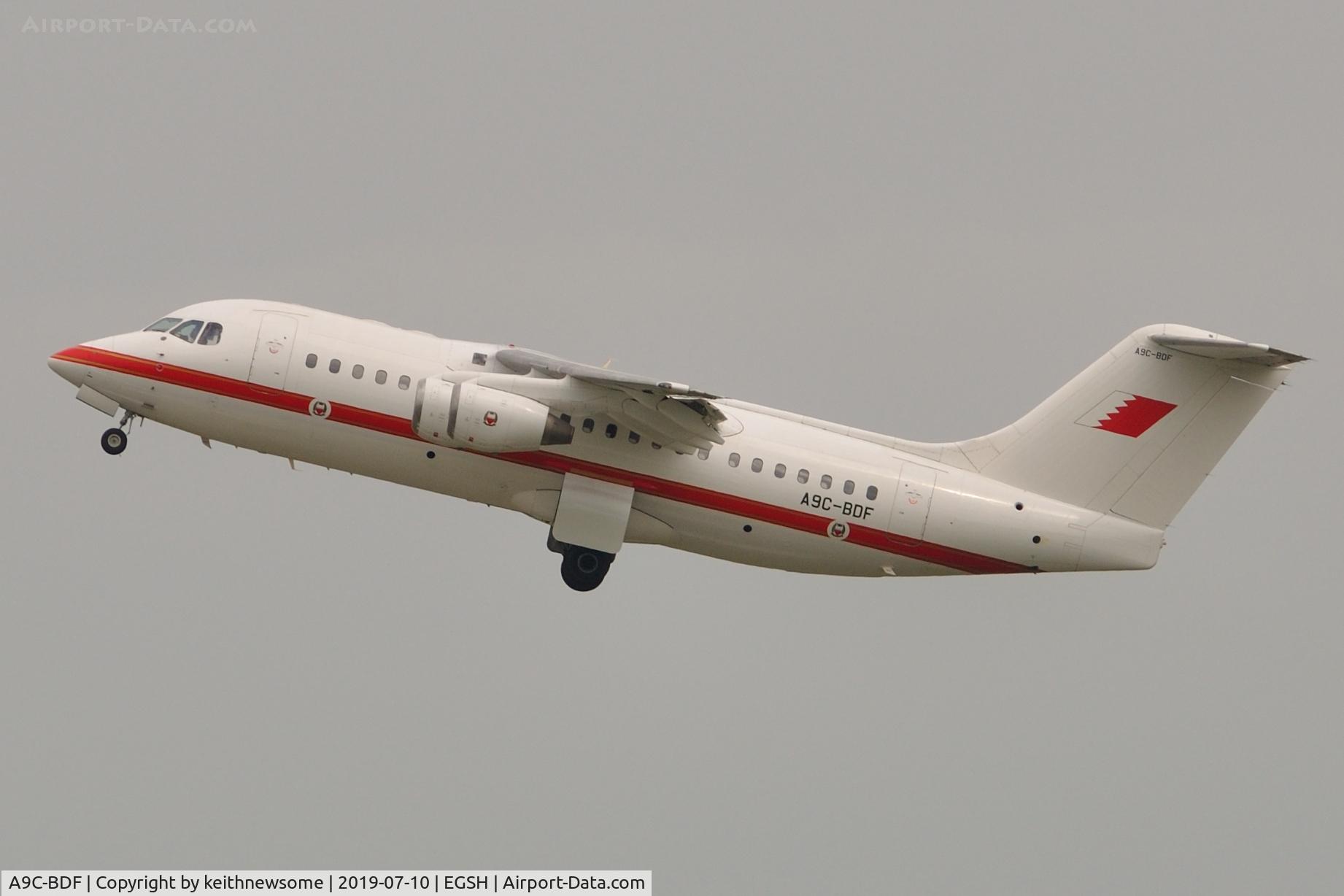 A9C-BDF, 2001 BAE Systems Avro 146-RJ85 C/N E.2390, Leaving Norwich for Tunisia.