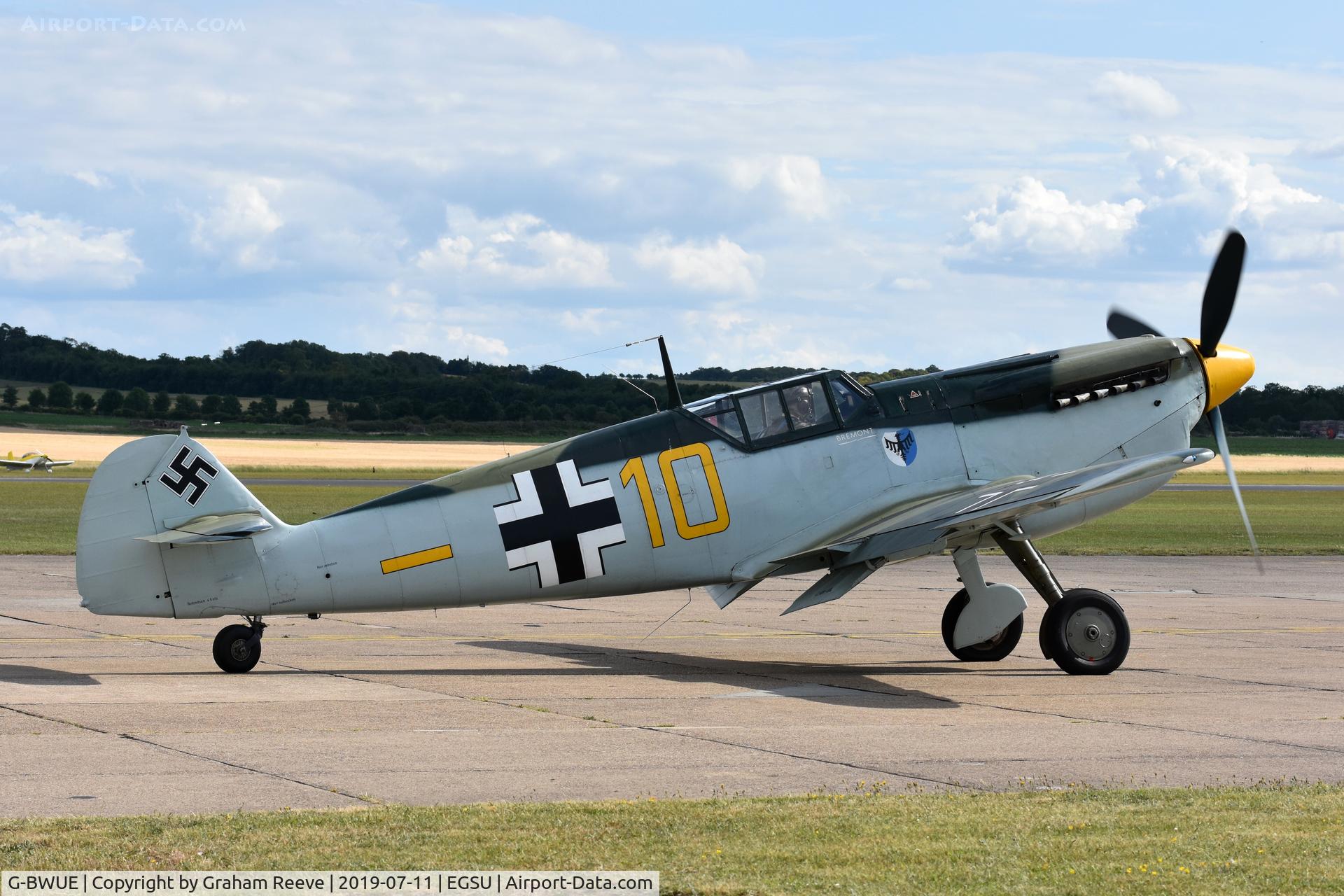 G-BWUE, 1949 Hispano HA-1112-M1L Buchon C/N 172, Departing from Duxford.