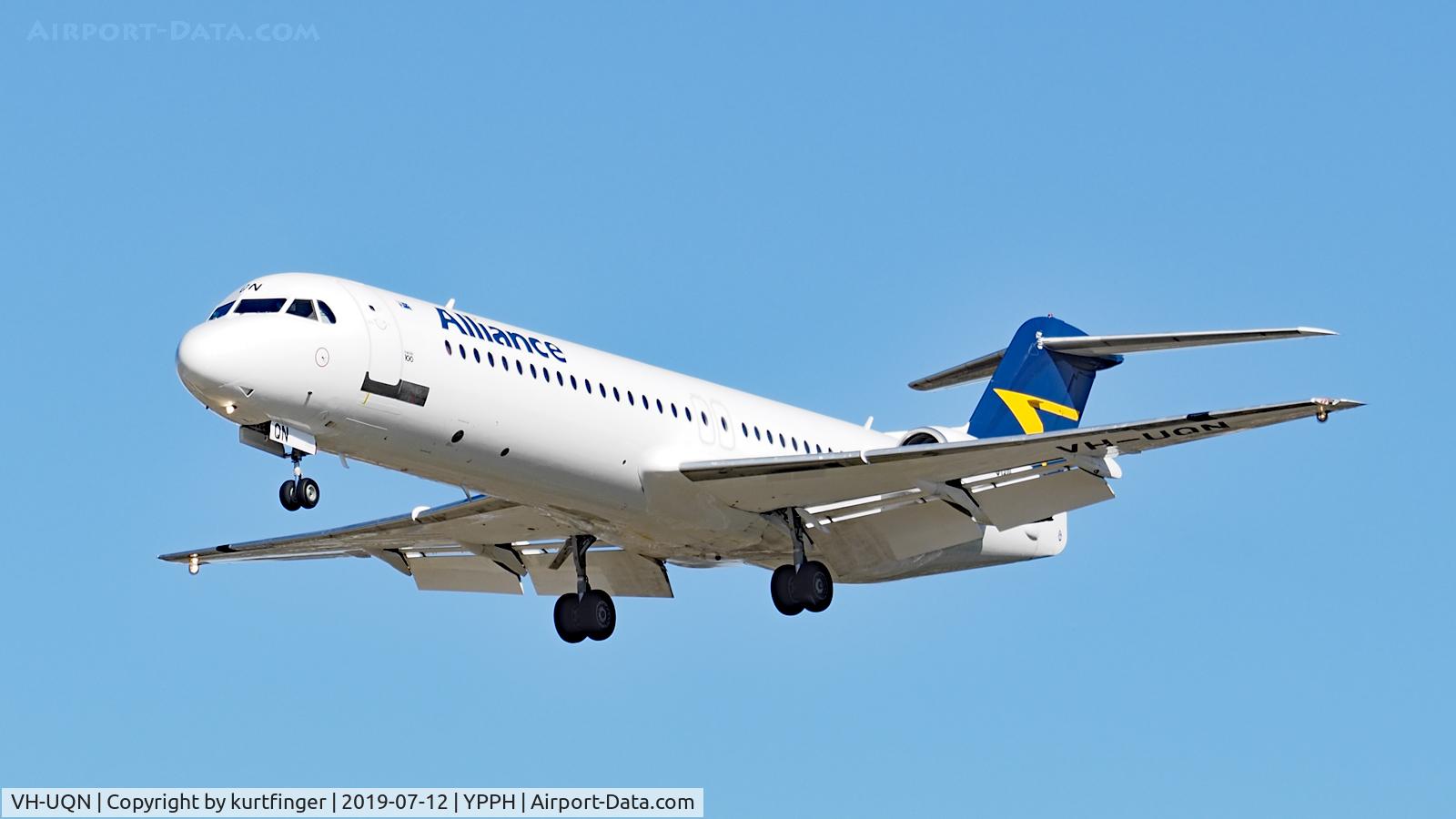 VH-UQN, 1991 Fokker F100 (F-28-0100) C/N 11361, Fokker 100 Alliance Airlines VH-UQN short final runway 06 YPPH 12/07/19.