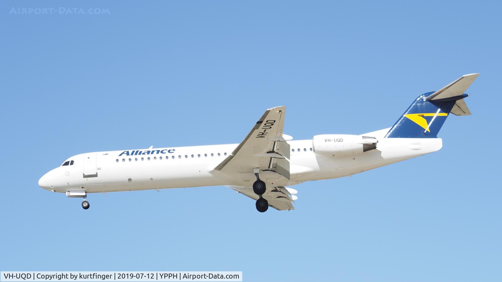 VH-UQD, 1993 Fokker 100 (F-28-0100) C/N 11460, Fokker 100 Alliance Airlines VH-UQD short final runway 06 YPPH 12/07/19.