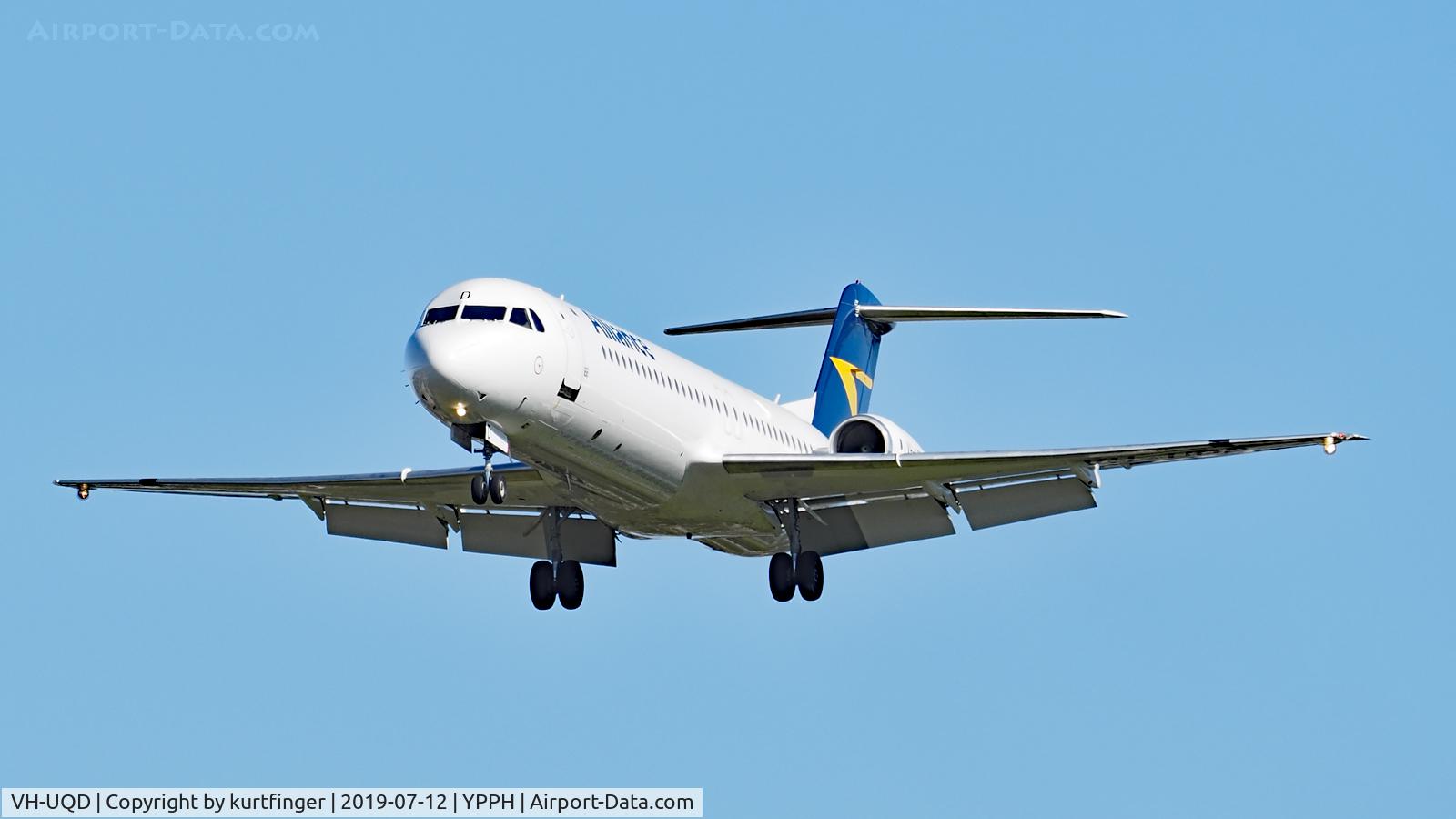 VH-UQD, 1993 Fokker 100 (F-28-0100) C/N 11460, Fokker 100 Alliance Airlines VH-UQD short final runway 06 YPPH 12/07/19.