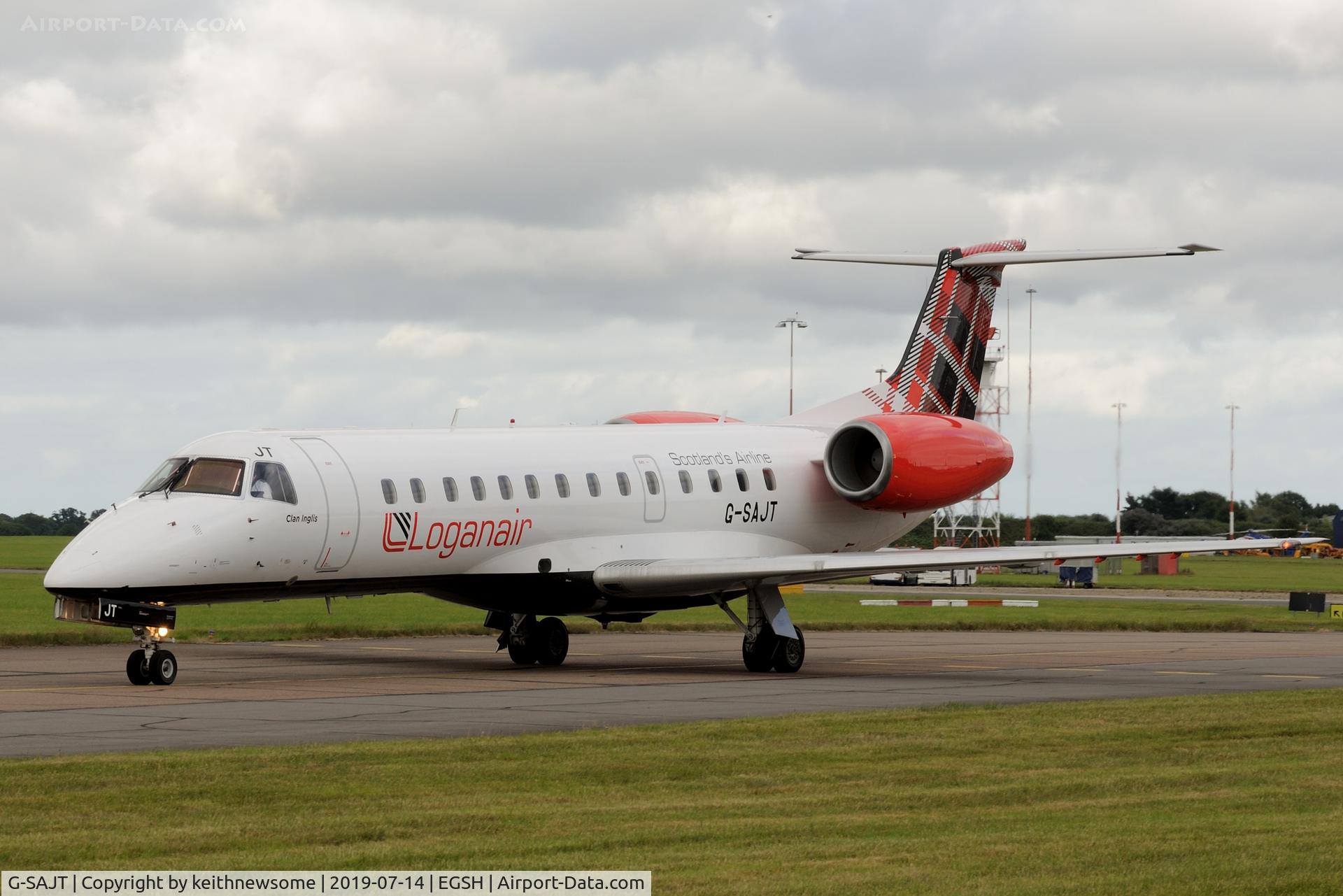 G-SAJT, 2001 Embraer ERJ-135ER (EMB-135ER) C/N 145376, Leaving Norwich for Manchester.