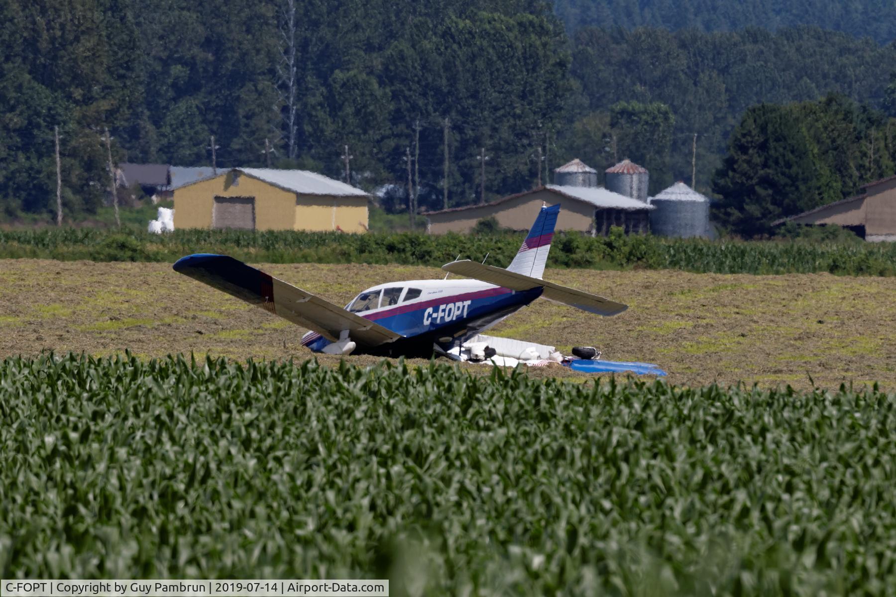 C-FOPT, 1973 Piper PA-28-235 C/N 28-7310013, Saw this in a field just north of 272 St & 88 Ave in Glenn Valley ( Fraser Valley, B.C. area )  Looks like the occupants may have walked away from it. I have no idea when it went down. (See https://aviation-safety.net/wikibase/227077. Admin) 