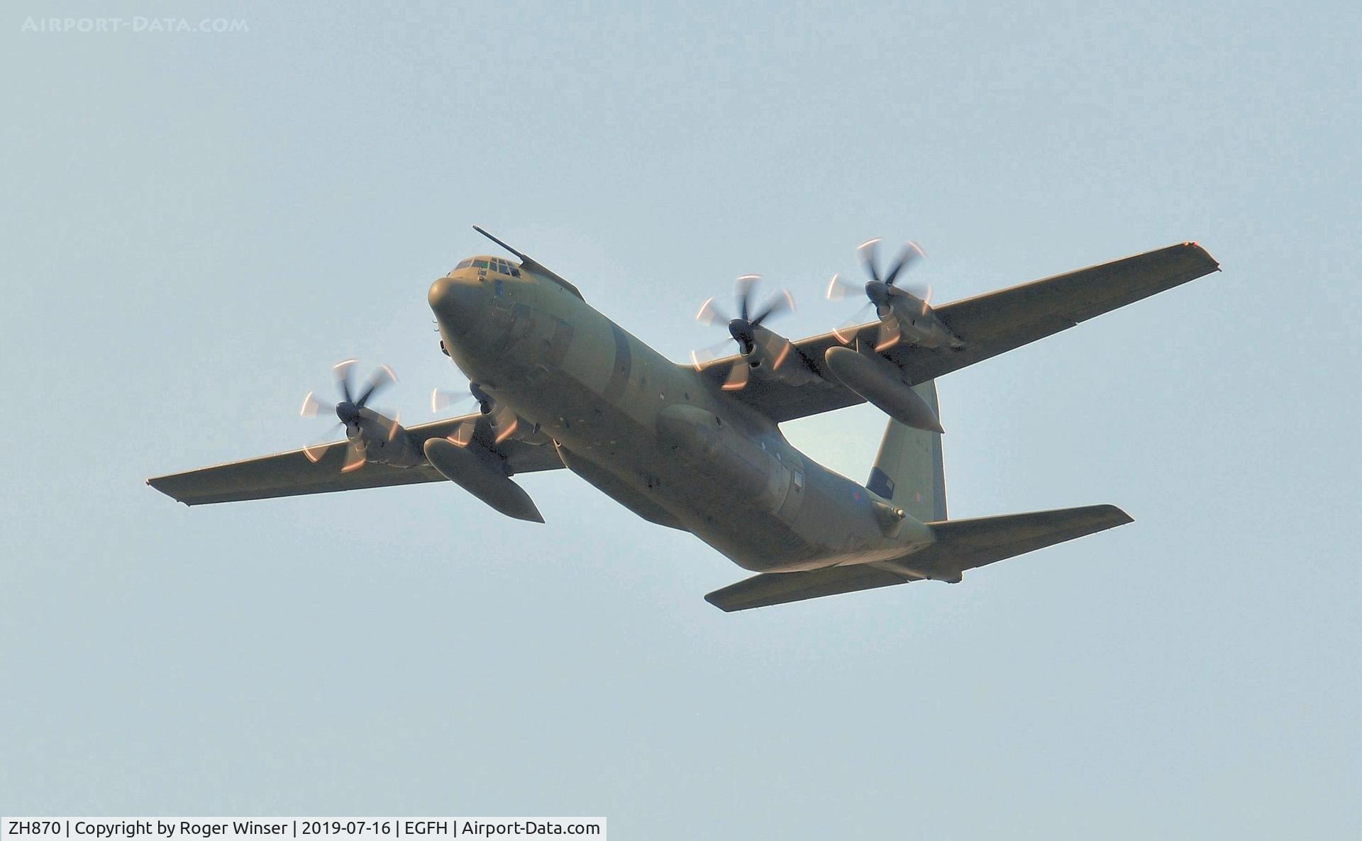 ZH870, 1997 Lockheed Martin C-130J-30 Hercules C.4 C/N 382-5445, RAF Hercules C.4 aircraft coded 870 over Runway 22 at 1300 feet.