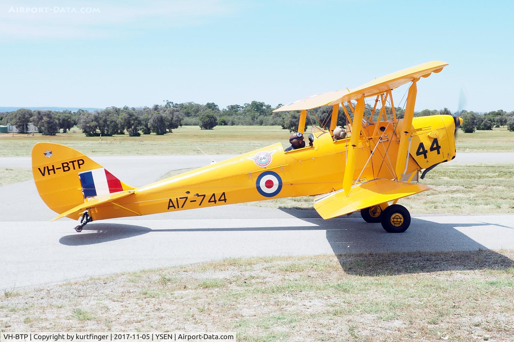 VH-BTP, 1944 De Havilland Australia DH-82A Tiger Moth C/N DHA1075, De Havilland DH82A Tiger Moth VH-BTP. Formerly RAAF serial number A17-744. Serpentine 05/11/17.
