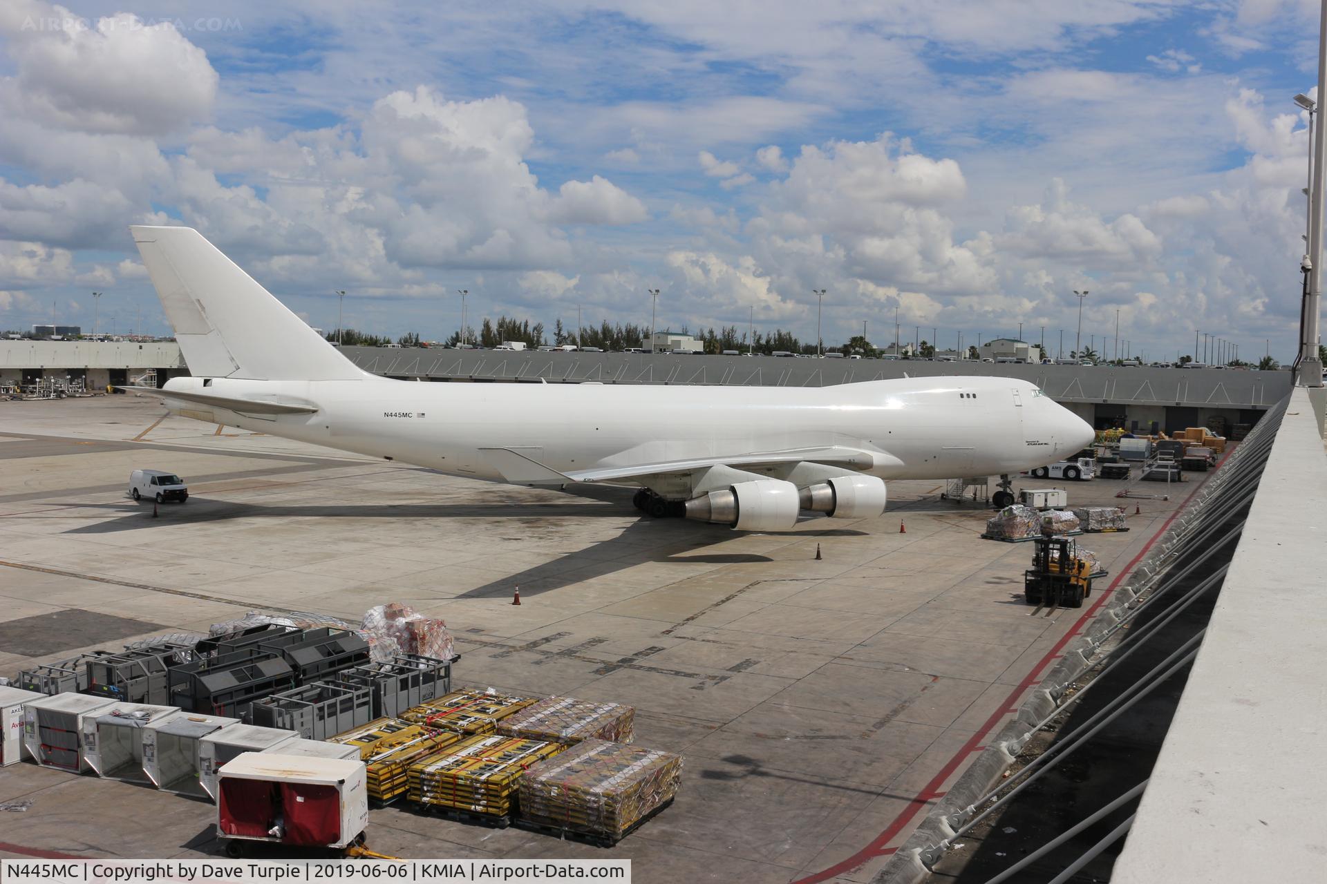 N445MC, 2003 Boeing 747-4B5ERF C/N 33515, Owned and operated by Atlas Air, parked in the huge cargo area at Miami.