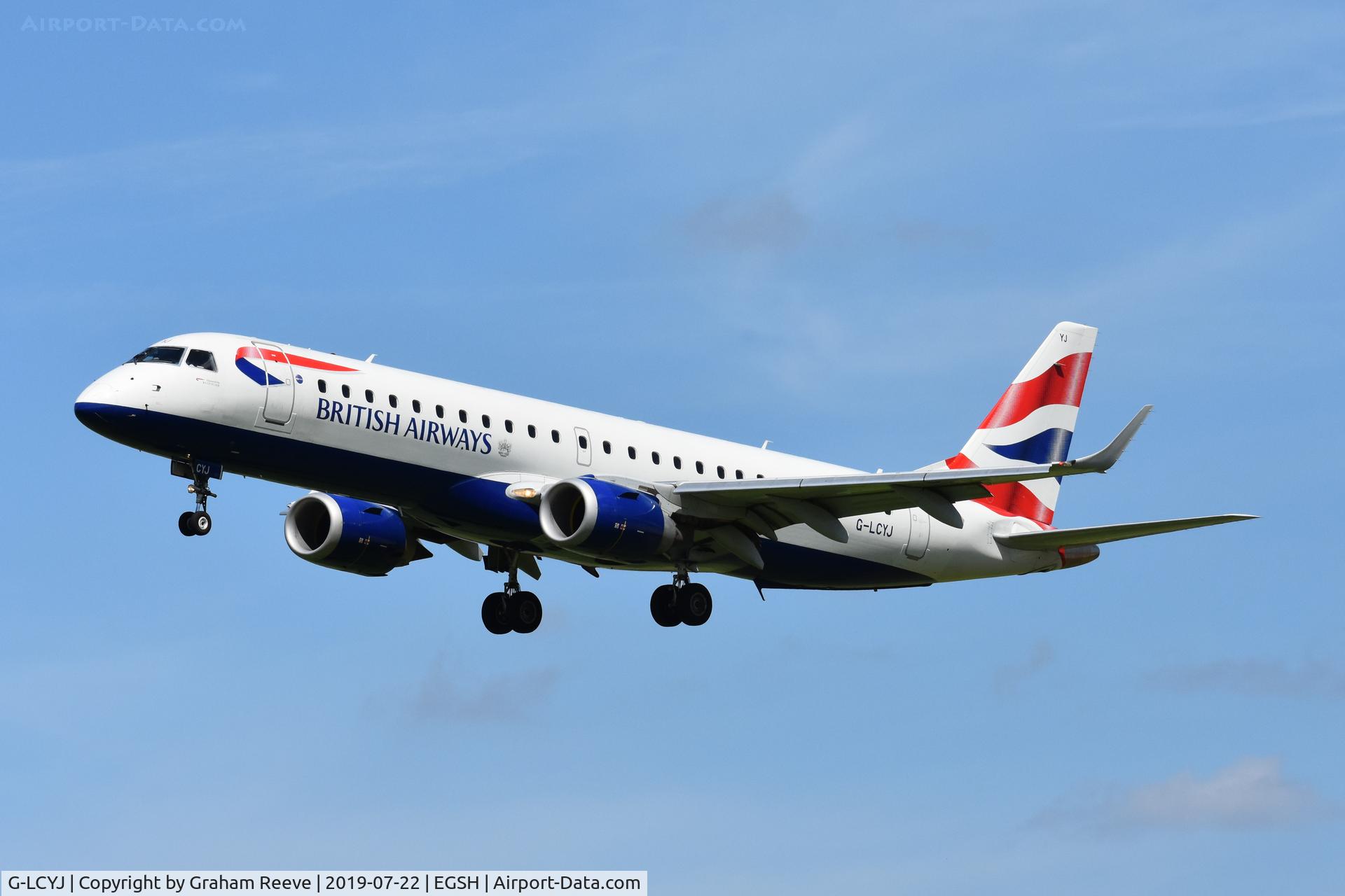 G-LCYJ, 2010 Embraer 190SR (ERJ-190-100SR) C/N 19000339, Landing at Norwich.