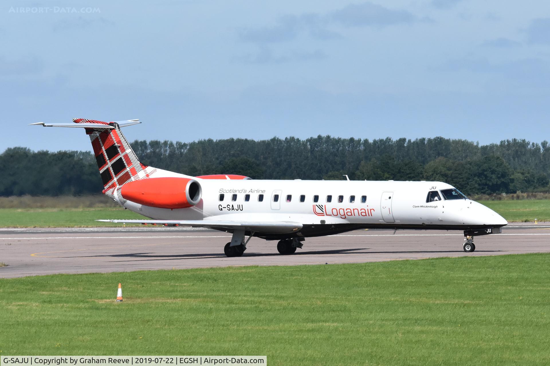 G-SAJU, 2001 Embraer ERJ-135ER (EMB-135ER) C/N 145494, Departing from Norwich.