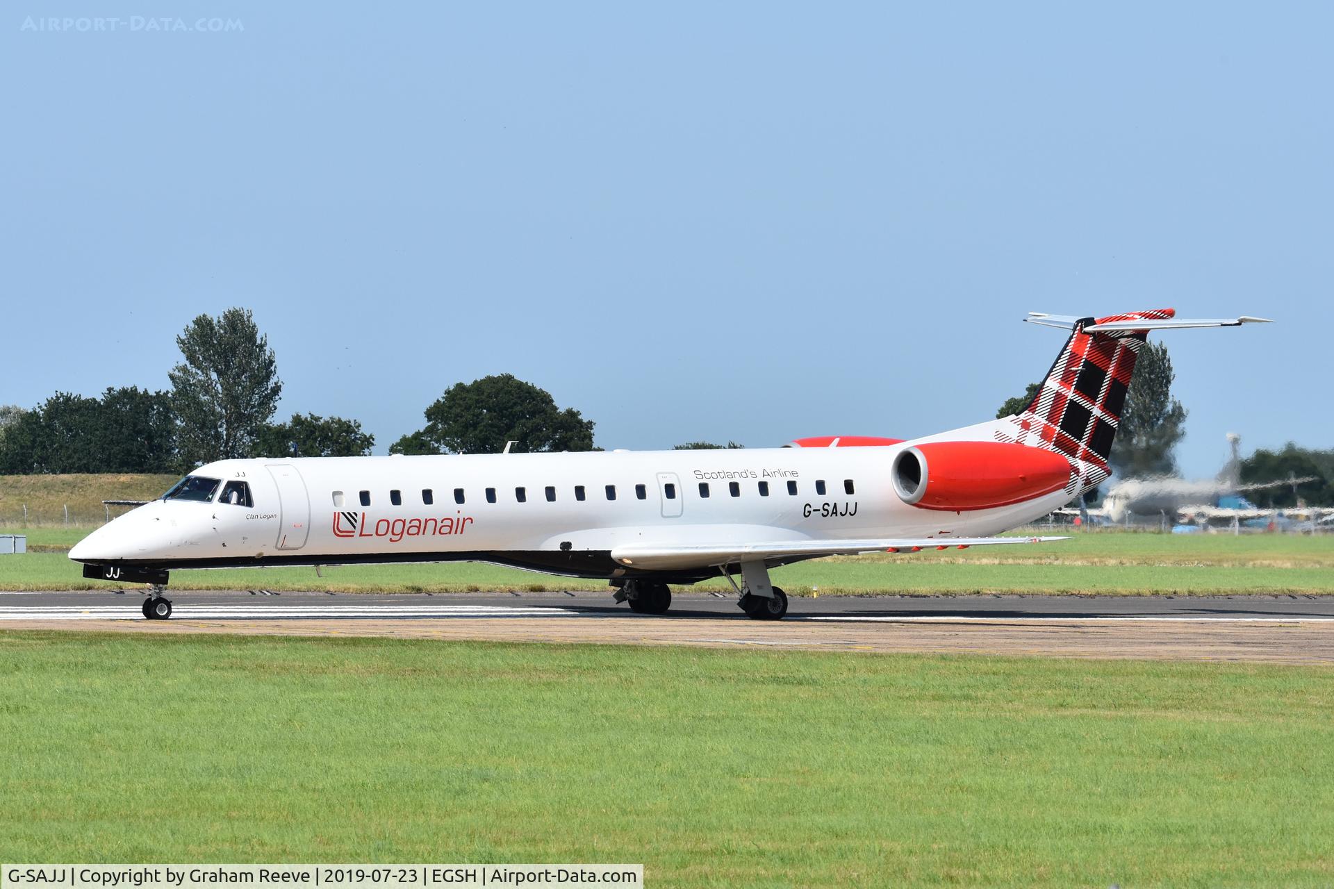 G-SAJJ, 1999 Embraer EMB-145EP (ERJ-145EP) C/N 145142, Departing from Norwich.