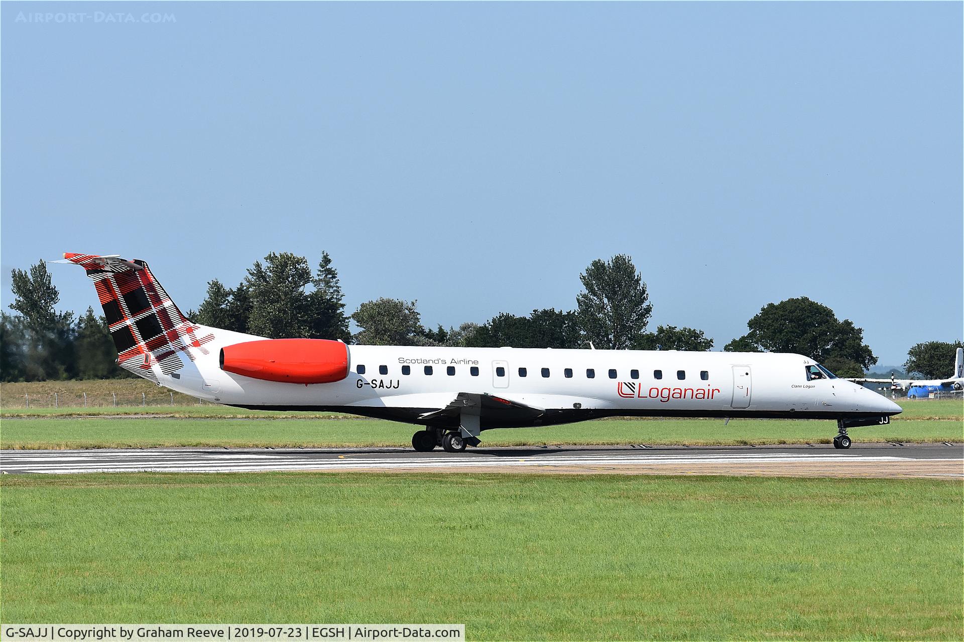 G-SAJJ, 1999 Embraer EMB-145EP (ERJ-145EP) C/N 145142, Departing from Norwich.