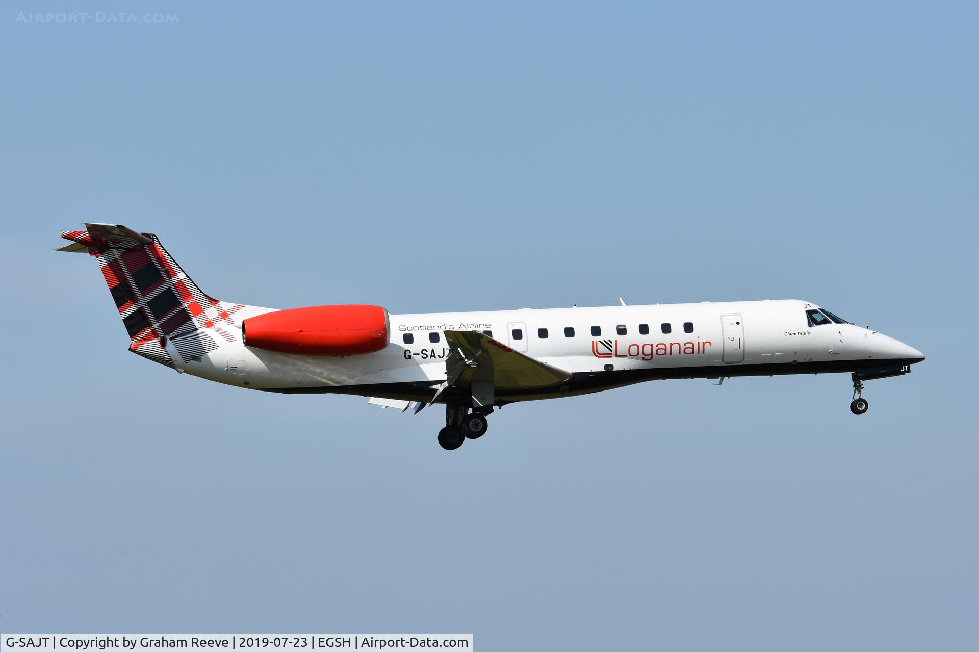 G-SAJT, 2001 Embraer ERJ-135ER (EMB-135ER) C/N 145376, Landing at Norwich.