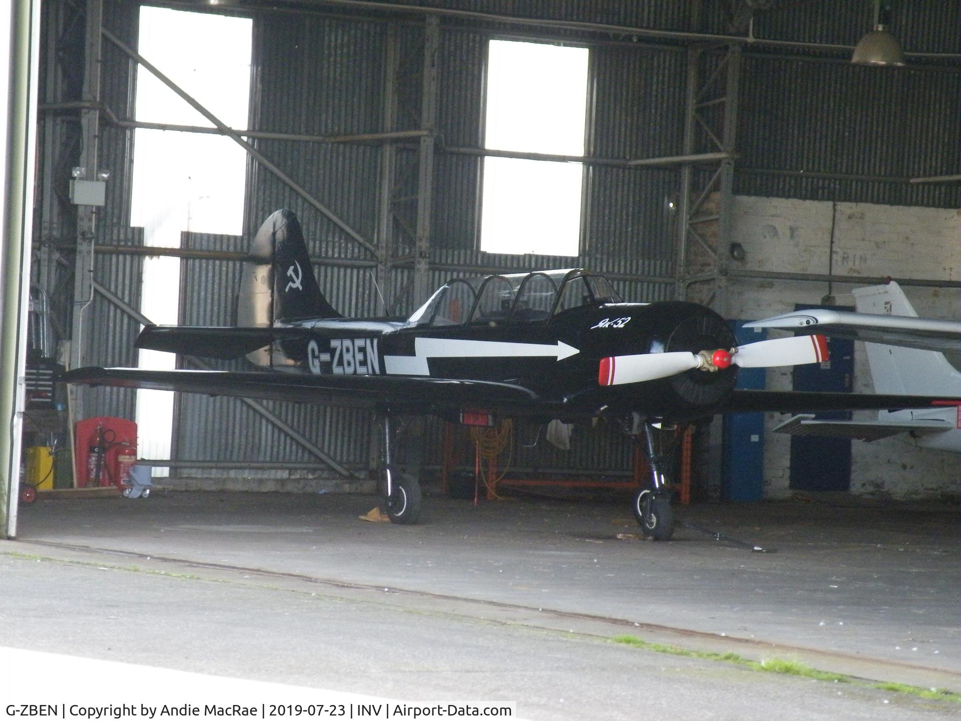 G-ZBEN, 1982 Bacau Yak-52 C/N 822708, Parked in hanger at Inverness Airport today