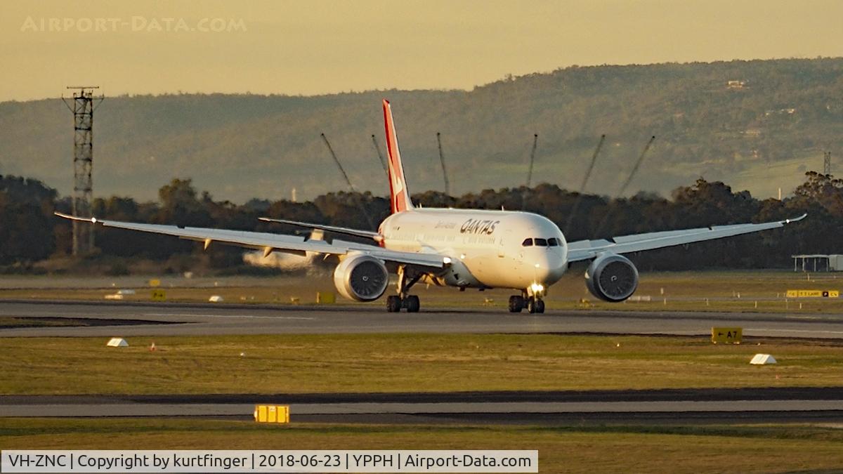 VH-ZNC, 2018 Boeing 787-9 Dreamliner Dreamliner C/N 39040, Boeing 787-9 Qantas VH-ZNC arrival runway 21, the golden hour, glow from a setting Sun, YPPH 23/06/18.