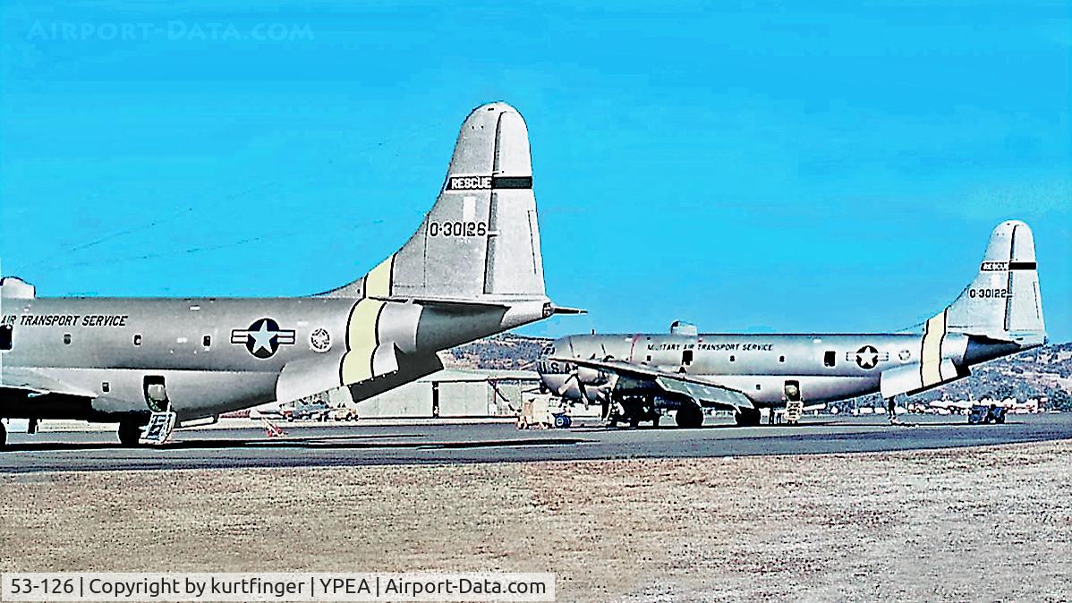 53-126, 1953 Boeing KC-97G-145-BO Stratofreighter C/N 16908, Boeing HC-97G USAF 53-126 and USAF serial number 53-122 RAAF Base Pearce, possibly 21-26 December 1968. On stand by for an orbital U>S>A space flight.