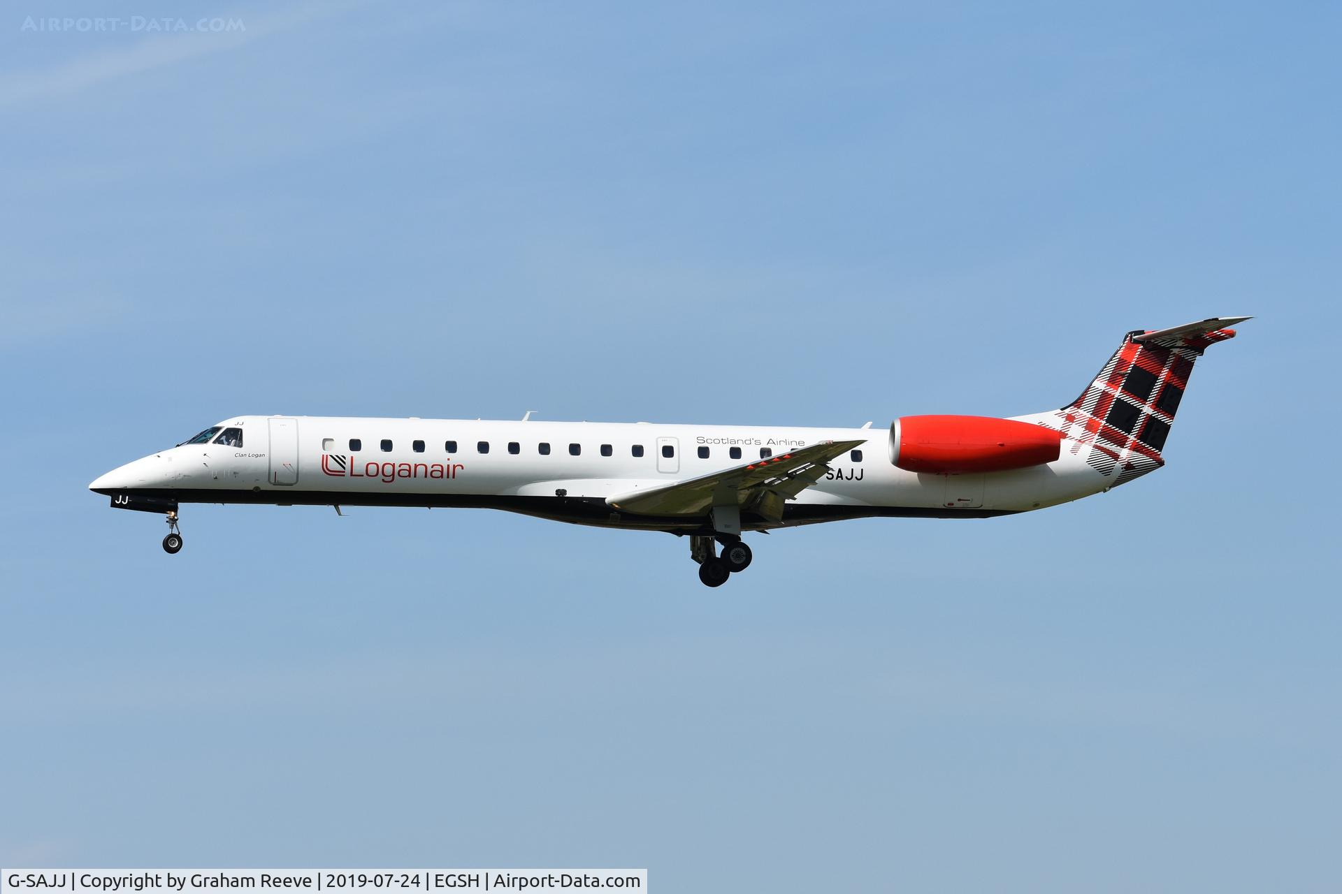G-SAJJ, 1999 Embraer EMB-145EP (ERJ-145EP) C/N 145142, Landing at Norwich.