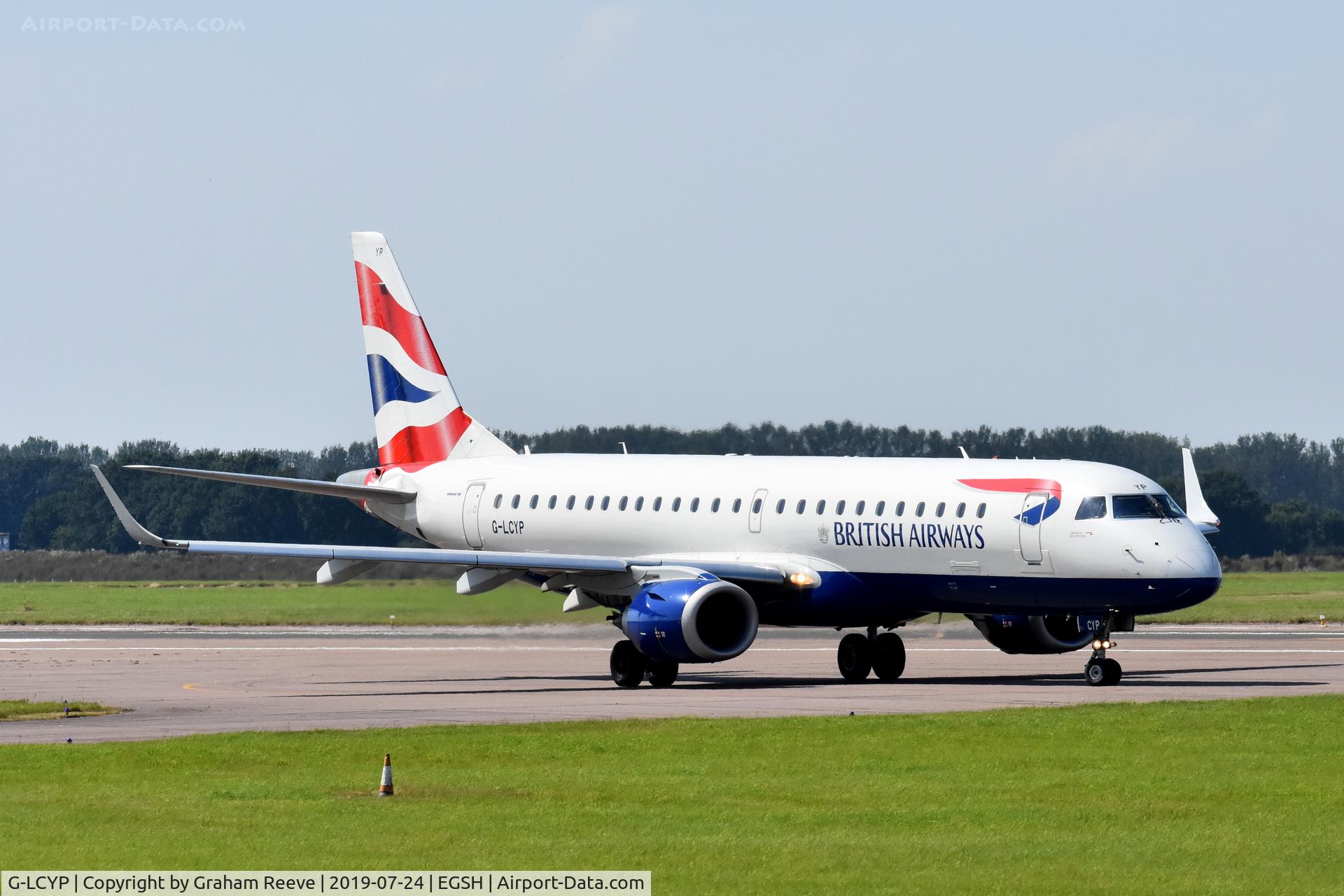 G-LCYP, 2011 Embraer 190SR (ERJ-190-100SR) C/N 19000443, Departing from Norwich.