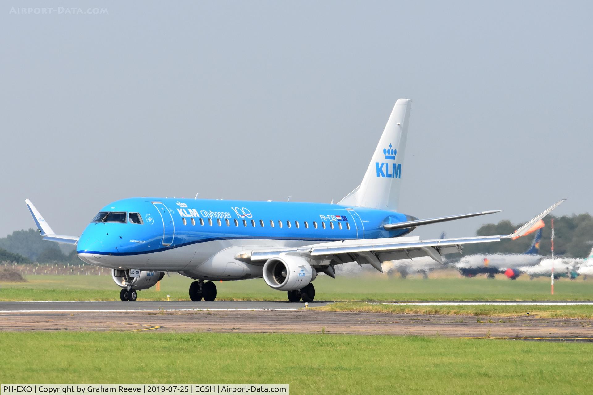 PH-EXO, 2017 Embraer 175STD (ERJ-170-200STD) C/N 17000668, Just landed at Norwich with 100 on the side.