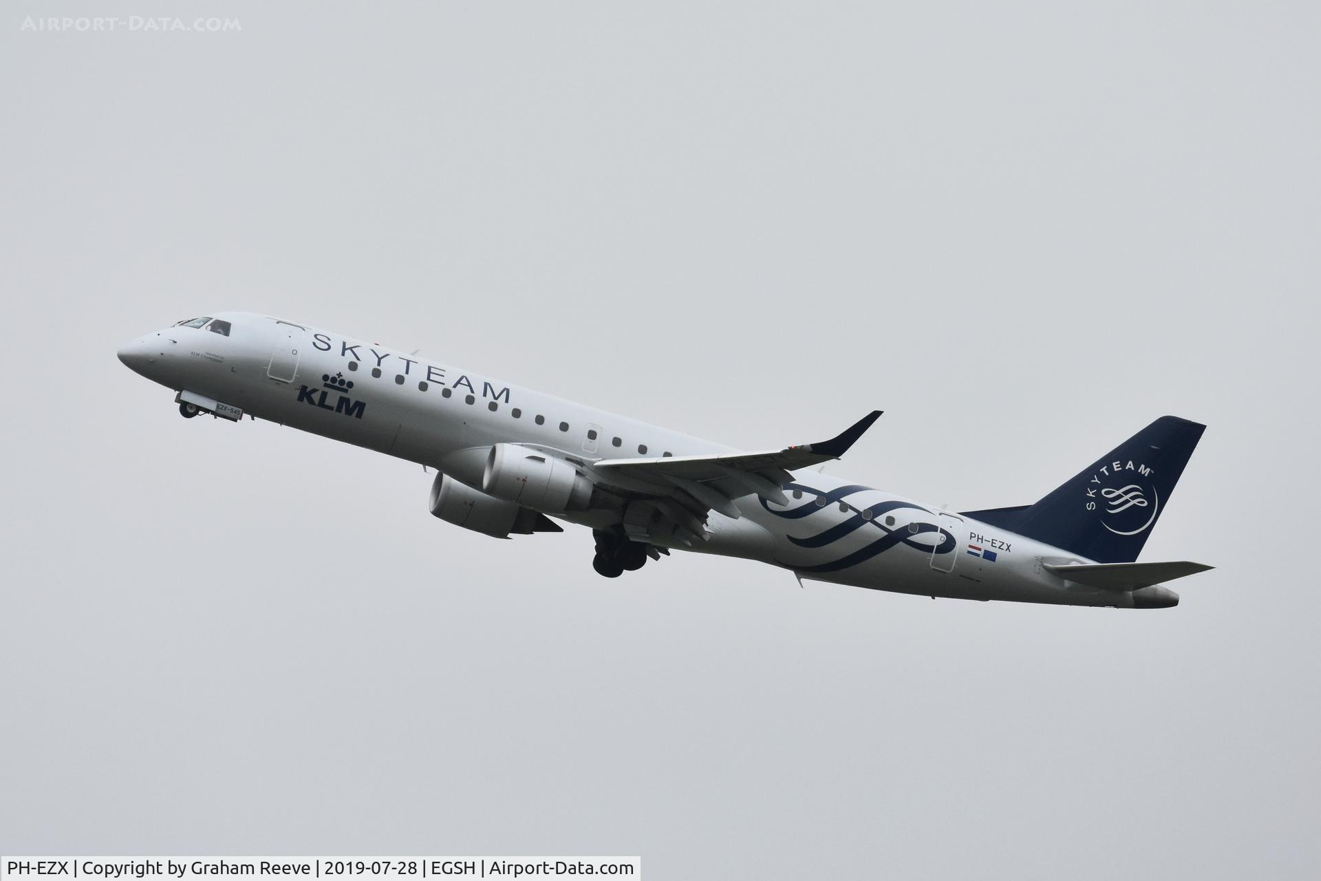 PH-EZX, 2012 Embraer 190LR (ERJ-190-100LR) C/N 19000545, Departing from Norwich.