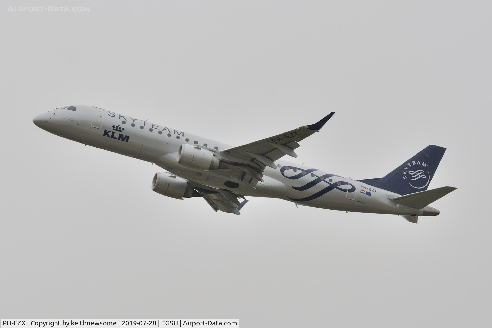 PH-EZX, 2012 Embraer 190LR (ERJ-190-100LR) C/N 19000545, Leaving Norwich for Amsterdam.