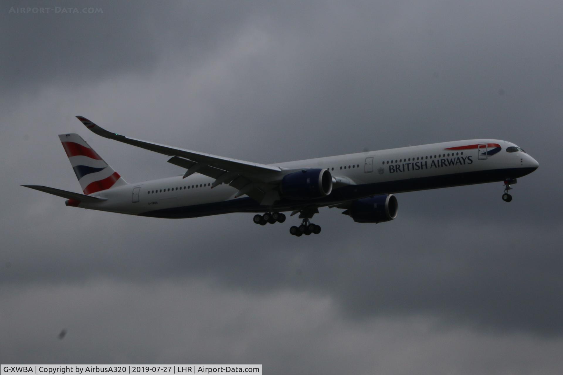G-XWBA, 2019 Airbus A350-1041 C/N 326, Arriving at LHR on delivery to British Airways