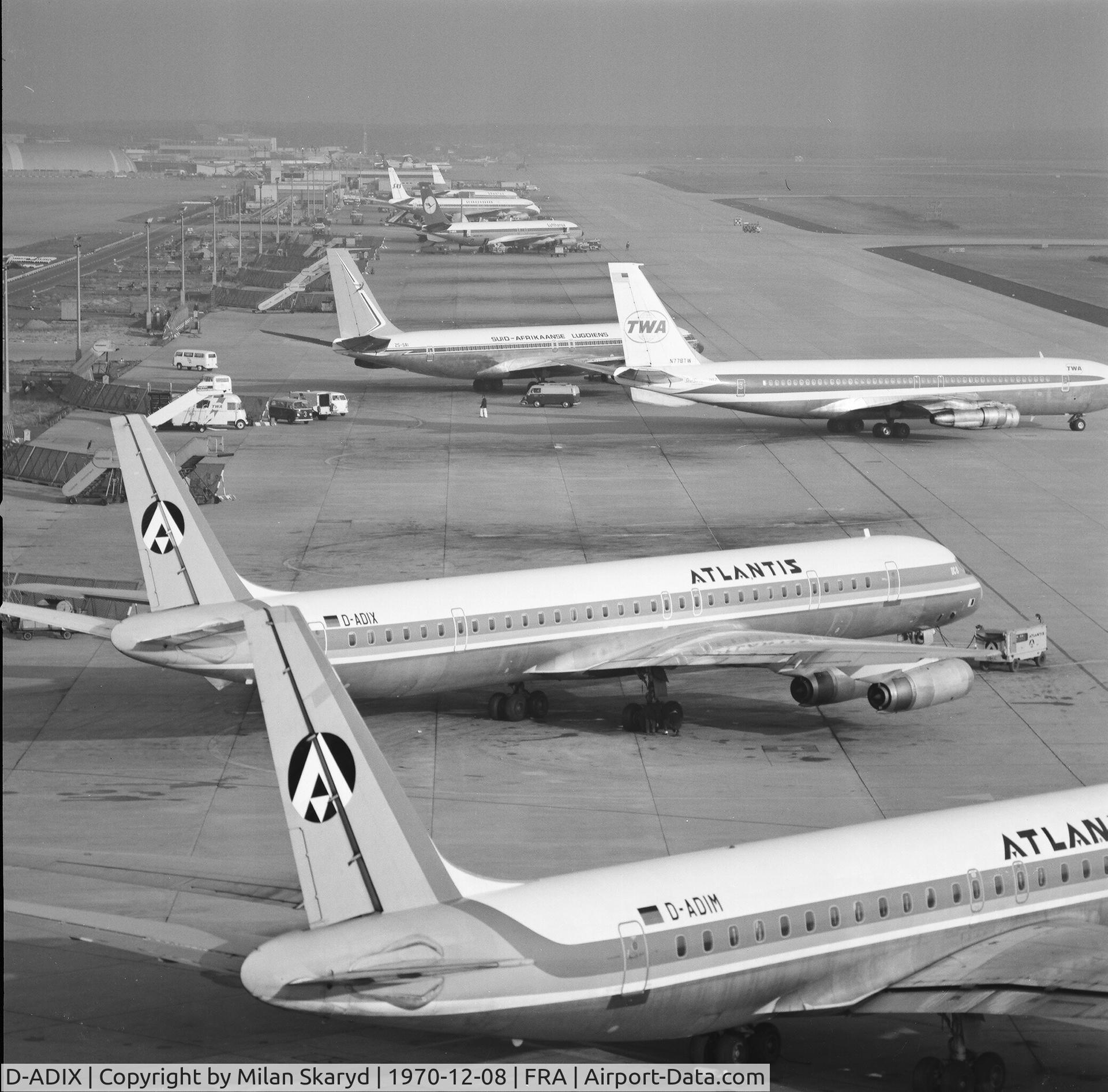D-ADIX, 1970 Douglas DC-8-63F C/N 46137, Two DC-8 of ATLANTIS Airlines at Frankfurt Airport, Dezember 1970