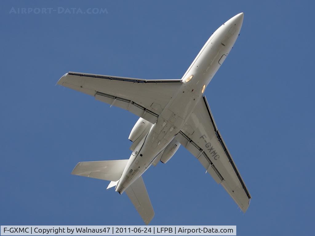 F-GXMC, 1988 Dassault Falcon 50 C/N 190, Underside view of Dassault F-50 F-GXMC departing Le Bourget LBG /LFPB Paris on 24Jun2011.