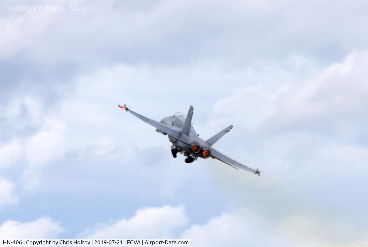 HN-406, McDonnell Douglas F-18C Hornet C/N 1307, Hornet wheels up and afterburner thrust operating on take-off RIAT 2019 RAF Fairford