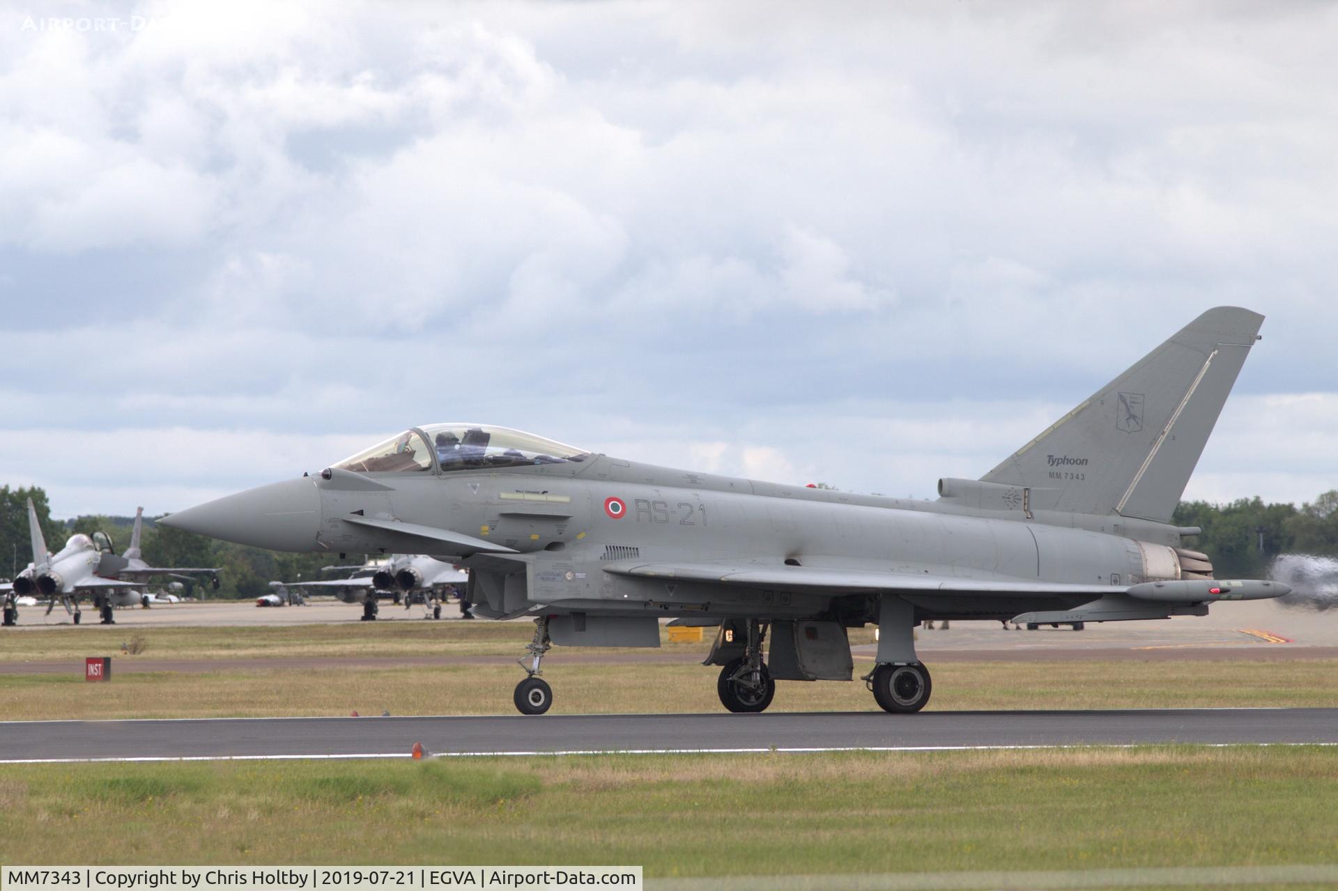 MM7343, Eurofighter F-2000A Typhoon C/N IS069, Eurofighter about to take off for solo display at RIAT 2019 Fairford (note new squadron designation).