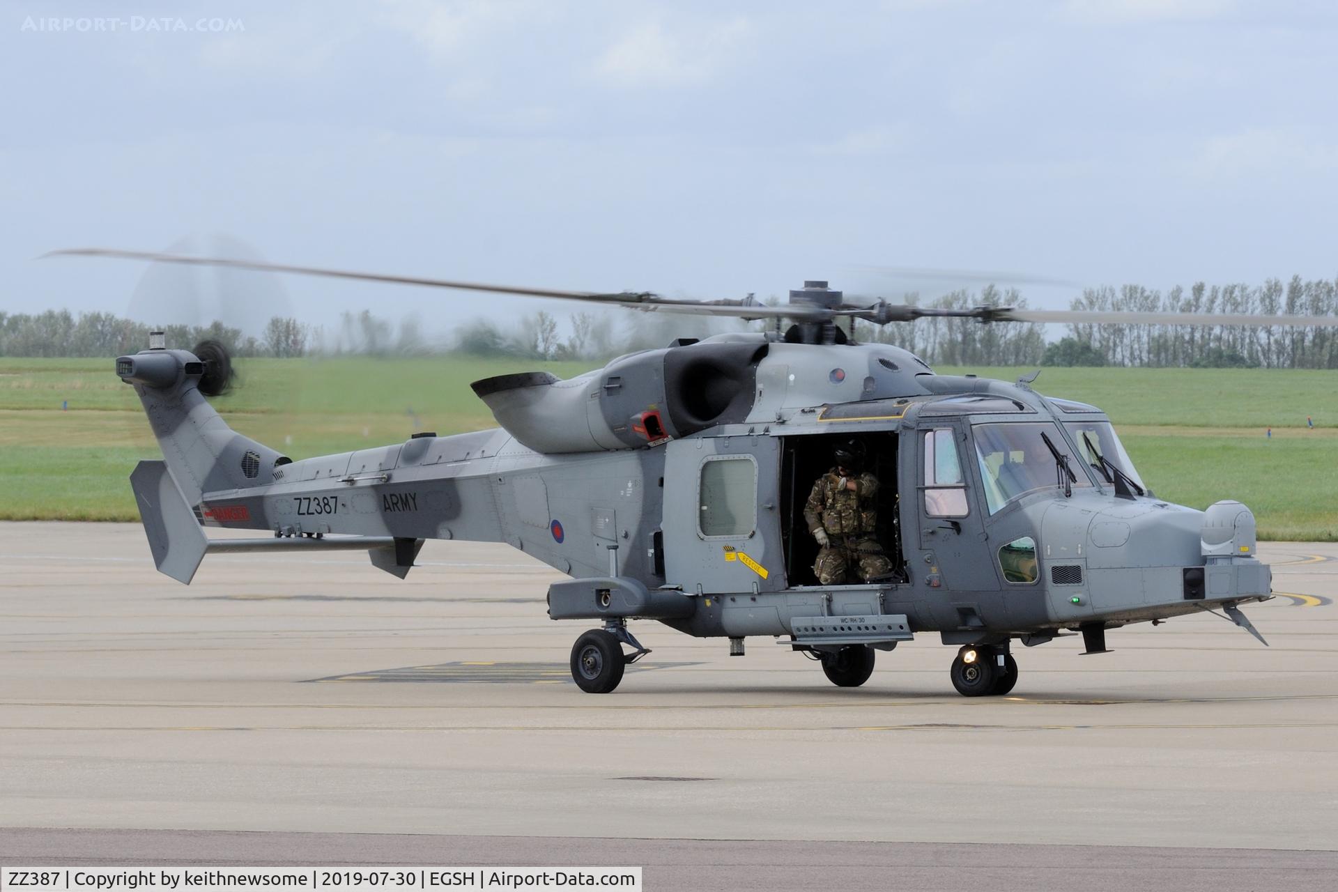 ZZ387, AgustaWestland AW-159 Wildcat AH.1 C/N 506, Leaving Norwich following fuel stop. 