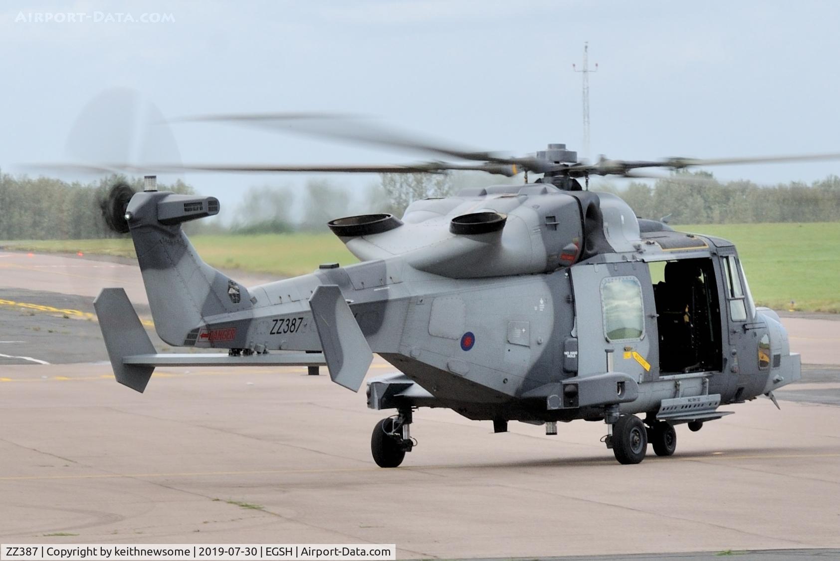 ZZ387, AgustaWestland AW-159 Wildcat AH.1 C/N 506, Leaving Norwich following fuel stop.