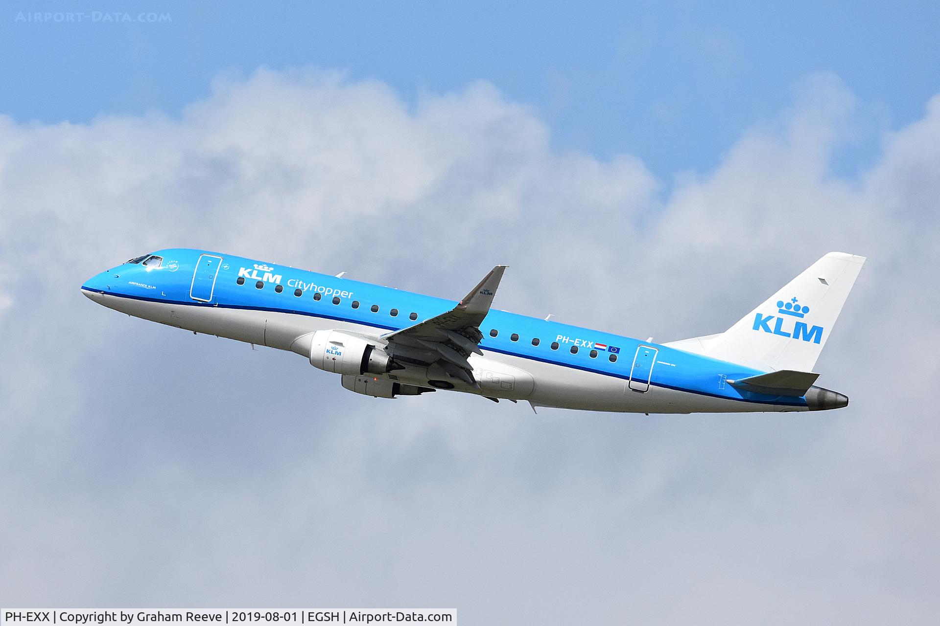 PH-EXX, 2018 Embraer 175STD (ERJ-170-200) C/N 17000711, Departing from Norwich.