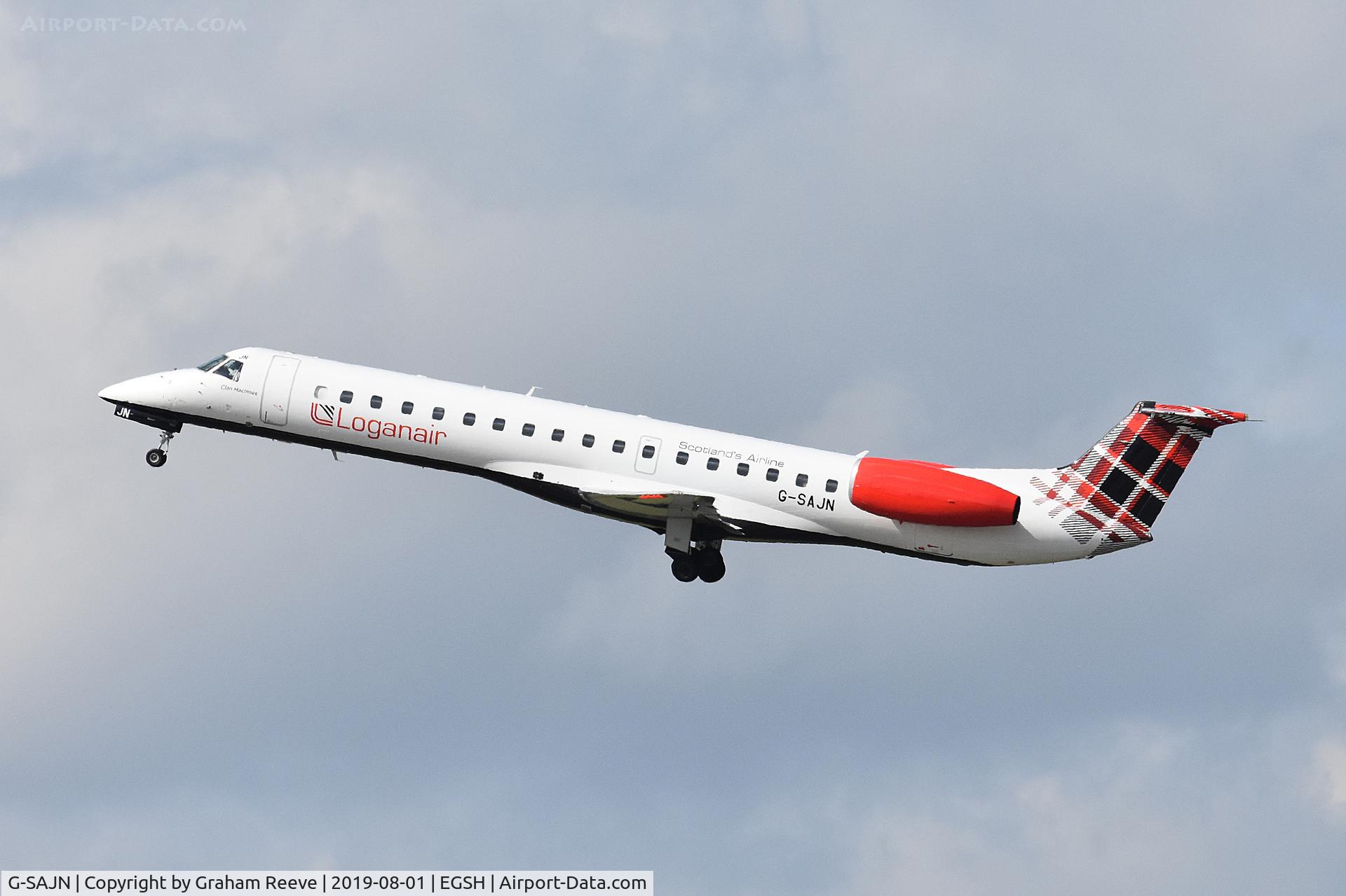 G-SAJN, 2000 Embraer EMB-145EP (ERJ-145EP) C/N 145207, Departing from Norwich.