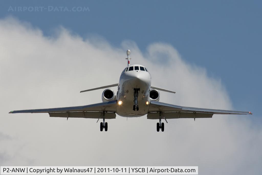 P2-ANW, 2008 Dassault Falcon 900EX C/N 218, Front view of Air Niugini / Papua New Guinea (PNG) Government Falcon 900EX P2-ANW Cn 218 on final approach to Rwy 35 at Canberra Airport (CBR / YSCB) on 11Oct2011. PNG Prime Minister Peter O'Neill arriving for the 20th Aust-PNG Ministerial Forum.
