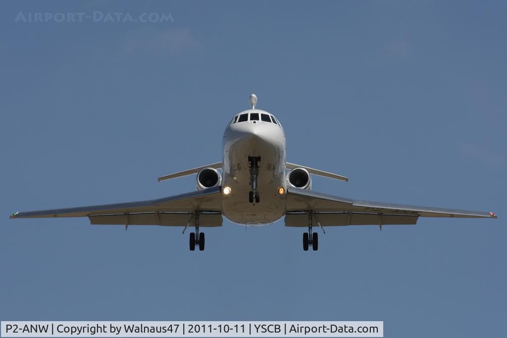 P2-ANW, 2008 Dassault Falcon 900EX C/N 218, Front view of Air Niugini / Papua New Guinea (PNG) Government Falcon 900EX P2-ANW Cn 218 on final approach to Rwy 35 at Canberra Airport (CBR / YSCB) on 11Oct2011. PNG Prime Minister Peter O'Neill arriving for the 20th Aust-PNG Ministerial Forum.